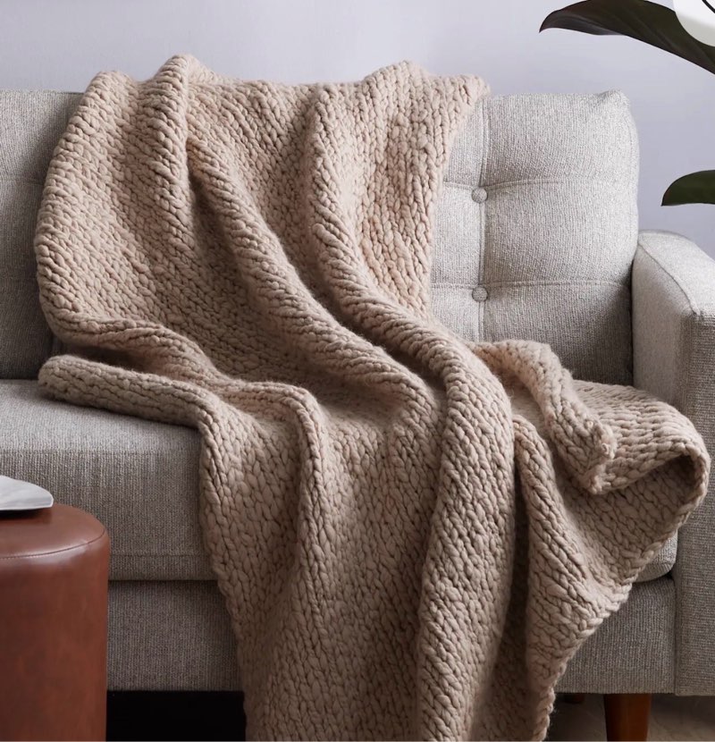 chunky hand knit wool throw, neutral color