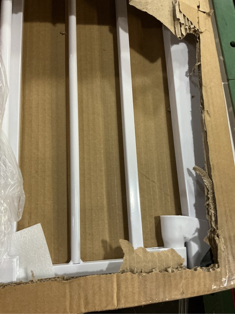 Condition photo showing Good Condition for COMOMY Auto Close Baby Gate with Cat Door, 29.5"-40.5" Extra Wide Dog Gate for House Doorways Stairs, Pressure Mounted Easy Walk Thru Pet Gate, Includes 4 Wall Cups and 2 Extension Pieces, White