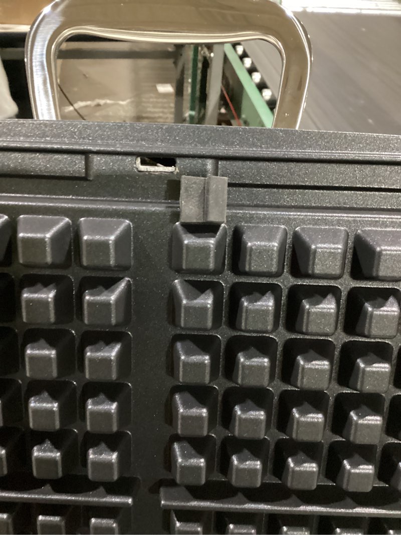 Condition photo showing As Is for all-clad stainless steel waffle maker 4 section, thick belgium waffle makers, upright storage 1600 watts, nonstick, 6 browning levels, dishwasher safe