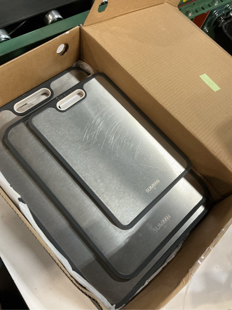 Condition photo showing As Is for Titanium Cutting Board, Double Sided Food Grade Pure Titanium/PP, Cutting Board for Kitchen, Easy to Clean Large Size [18”*12.5”+15.5”*10.5”+12”*8.5”] Silver Set of 3 (18" x 12.5", 15.5" x 10.5", 12" x 8.5")