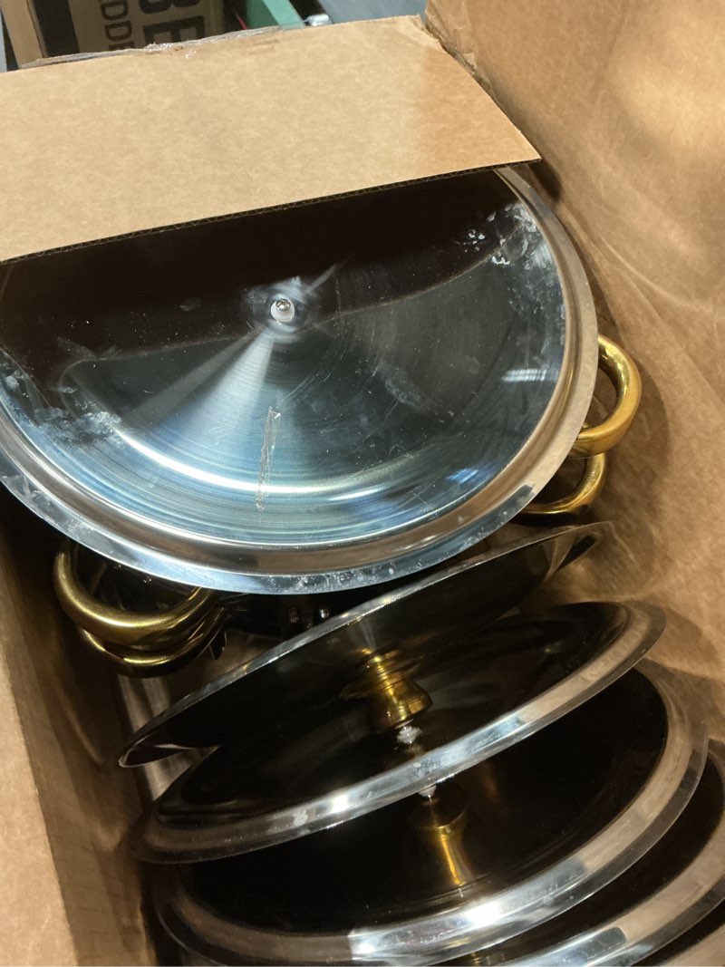 Condition photo showing Good Condition for Chafing Dishes for Buffet 4 Pack, 5QT Round Chafing Dish Buffet Set [Elegant Gold and Silver Colors] Stainless Steel Buffet Food Warmers Sets for Catering Events Parties Dinners with Complete Set 4PACK Gold