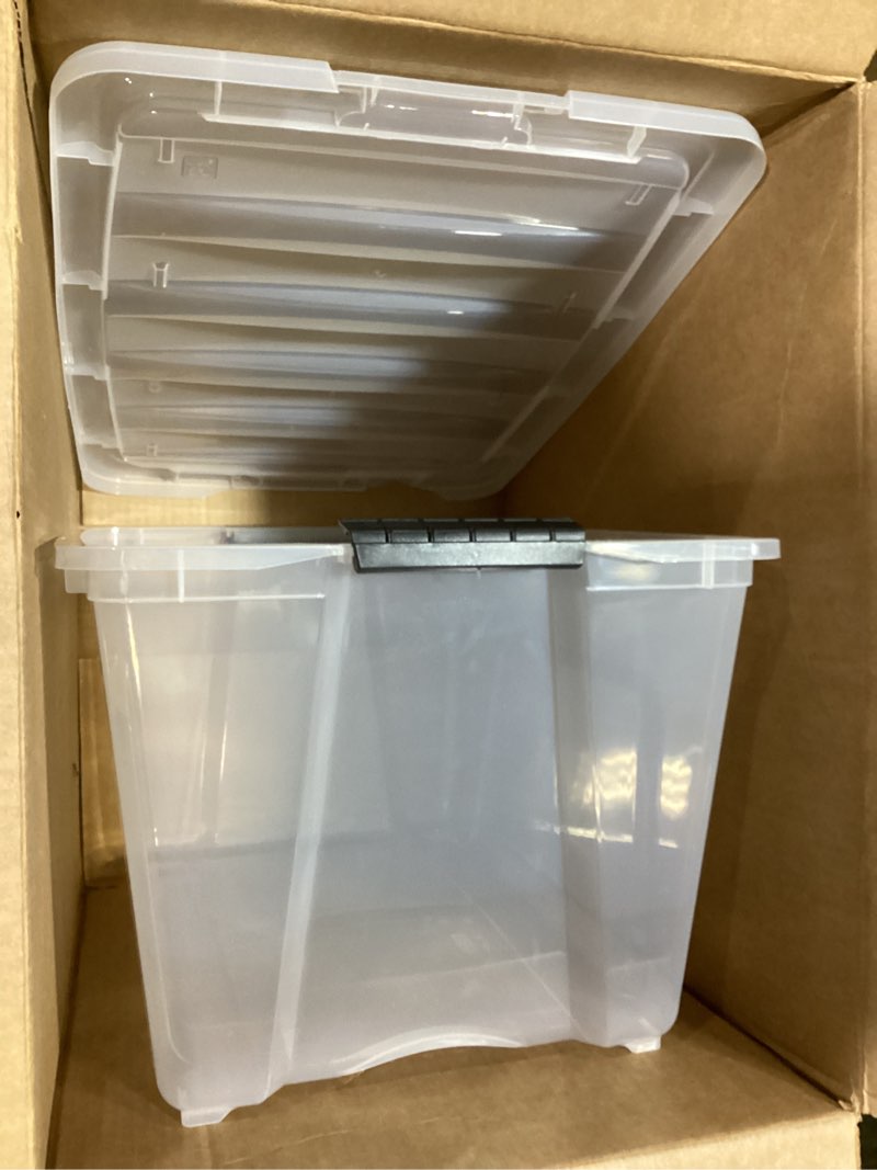 Condition photo showing Good Condition for (1 bin only)IRIS USA 54 Qt Stackable Plastic Storage Bins with Lids, - BPA-Free, Made in USA - See-Through Organizing Solution, Latches, Durable Nestable Containers, Secure Pull Handle - Clear Clear 54 Qt 