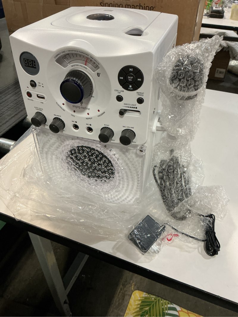 Condition photo showing New/Like New for Singing Machine Portable Karaoke Machine for Adults & Kids with Wired Microphone, White - Built-In Speaker, Bluetooth with LED Disco Lights - Karaoke System with CD+G Player & USB Connectivity