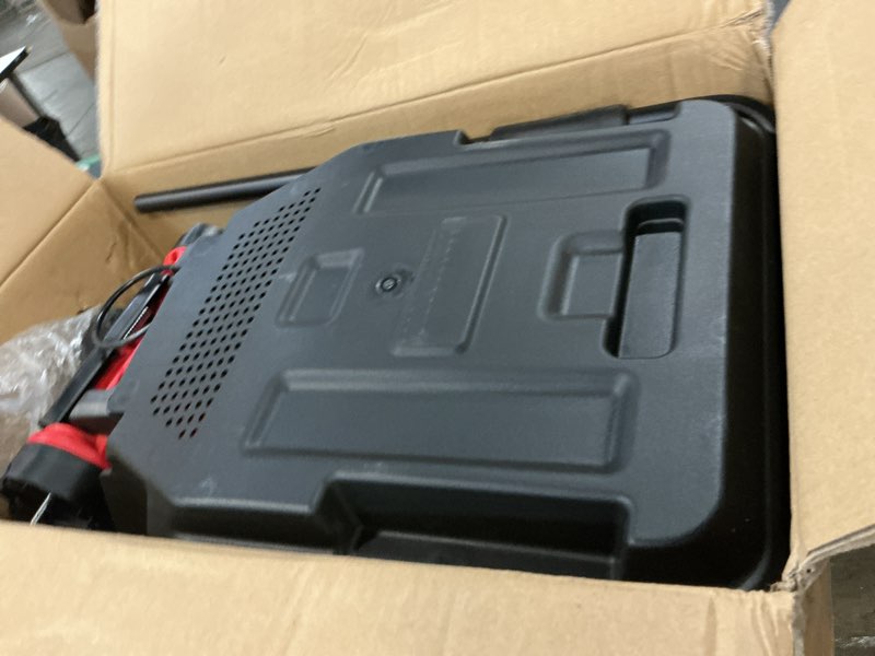Condition photo showing As Is for mzk 20v 13" electric lawn mower, brushless cordless lawn mower with 4-position height adjustment, walk-behind push mowers with 8 gallon grass bag, 2 x 4.0ah batteries & charger included red