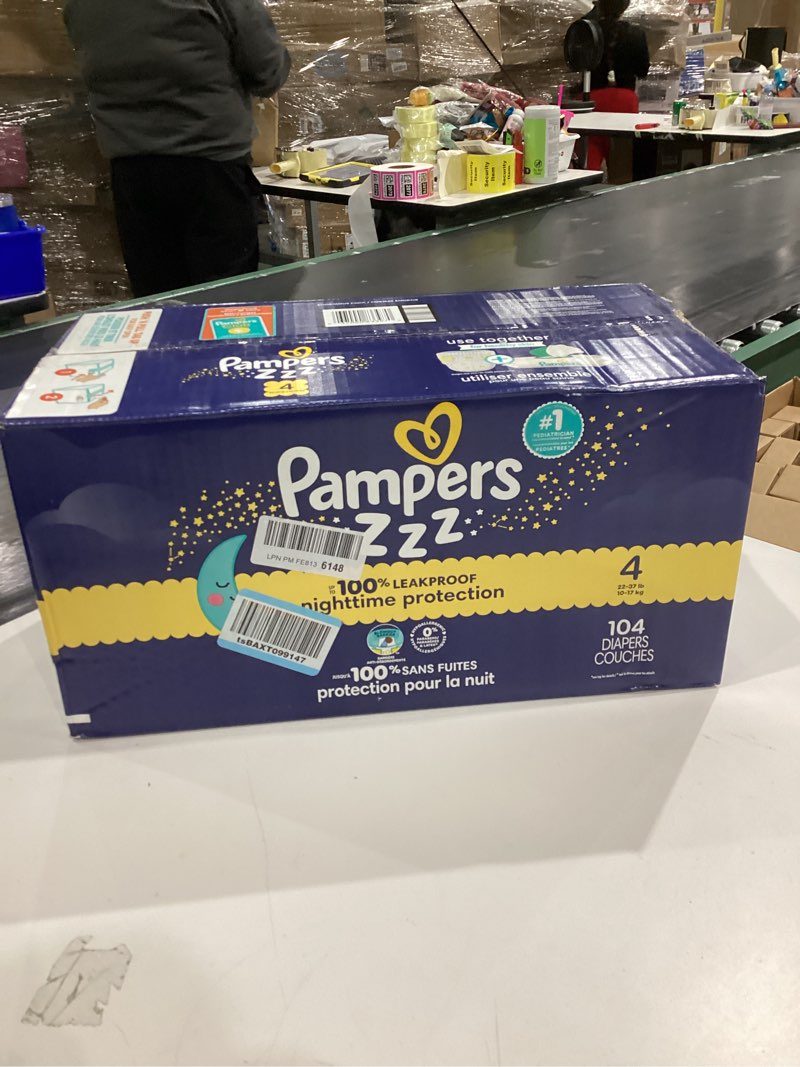 Condition photo showing New/Like New for Pampers ZZZ Overnight Diapers, Size 4 (22-37 lbs), 104 Count, Nighttime Protection Disposable Baby Diaper, Night Time Leak and Skin Protection Size 4 104