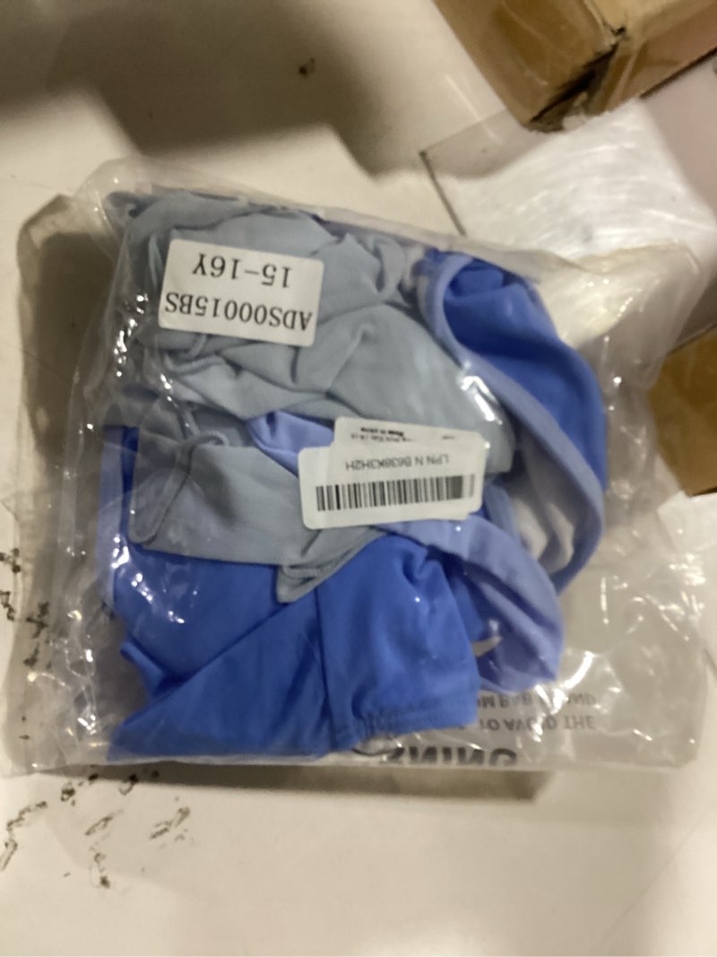 Condition photo showing Good Condition for girls swimsuit bikini set and cover up skirt 3pcs bathing suit removable knot dual-use girls swimsuits size 7-16 light blue 15-16 years