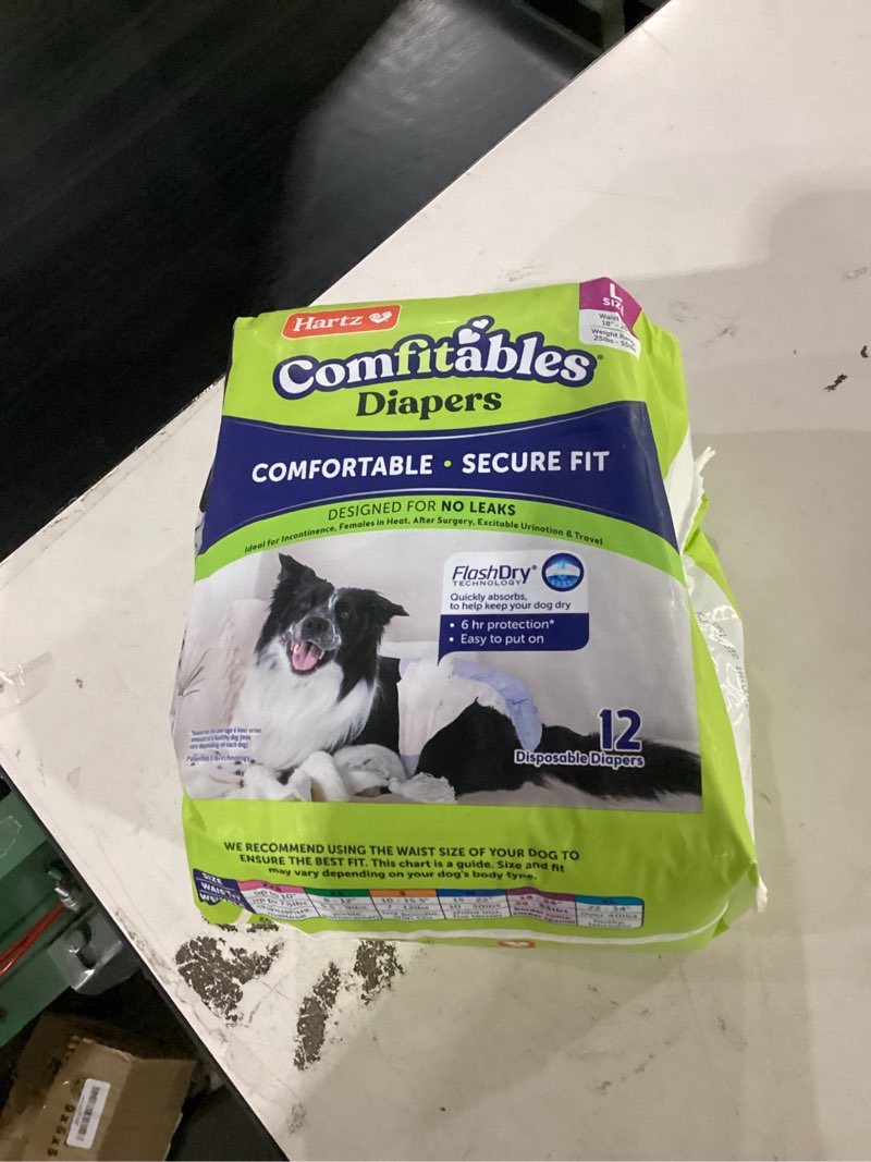 Condition photo showing New/Like New for hartz comfitables disposable dog diapers, size large 12 count, comfortable & secure fit, easy to put on, super absorbent male and female diaper trial pack large