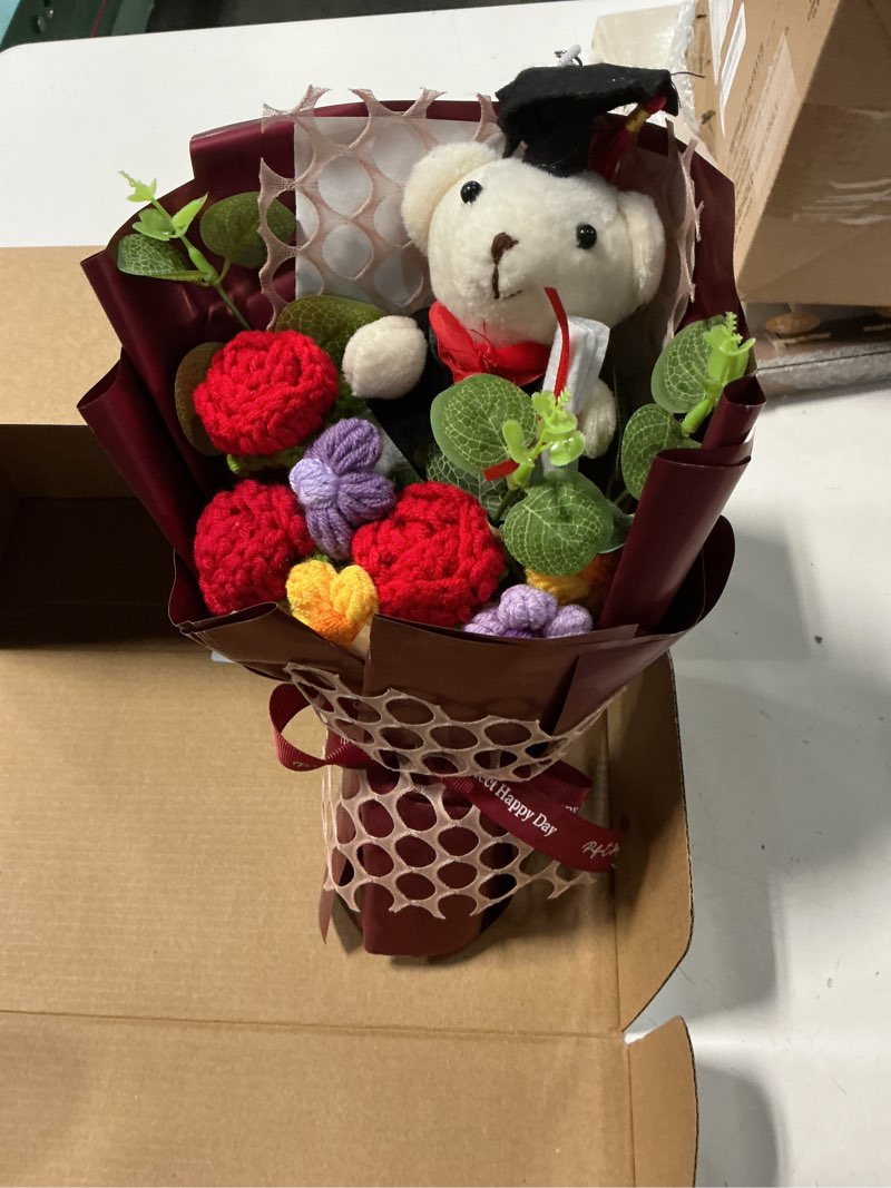 Condition photo showing Good Condition for graduation gifts crochet flowers bouquet, handmade sunflower rose bear graduations flower bouquet for birthday, teacher appreciation gifts, christmas, home décor (include card) red