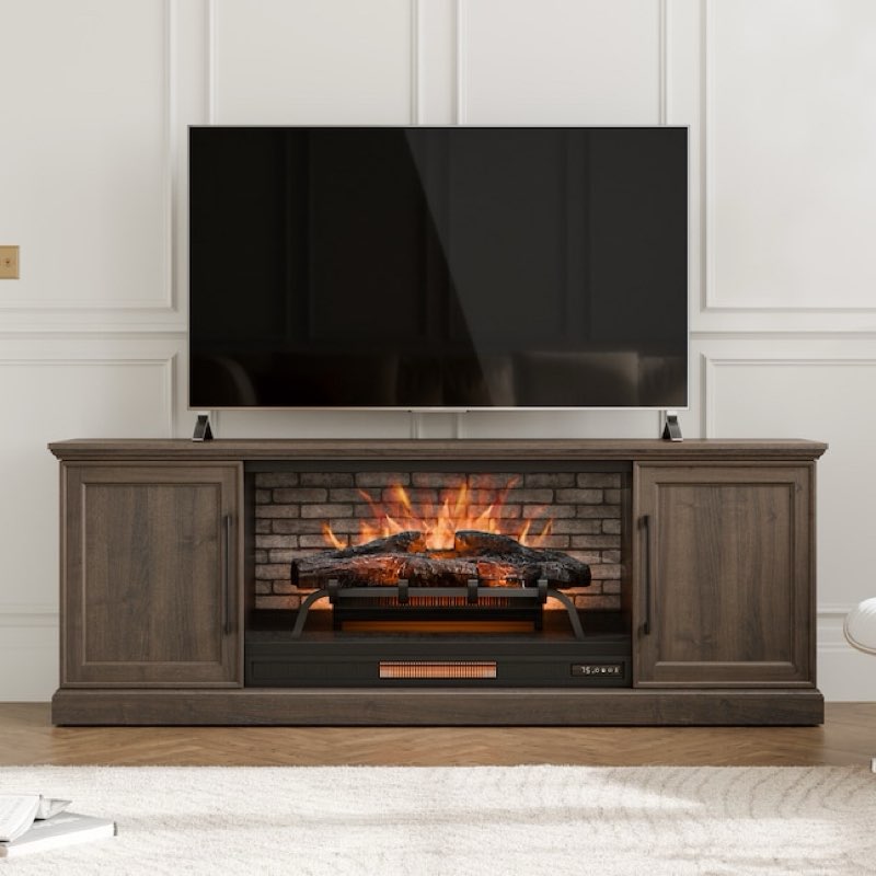 allen + roth 72-in w brown walnut tv stand with infrared quartz flat wall electric fire place