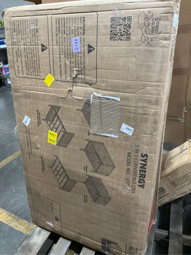 Condition photo showing Good Condition for dream on me synergy 5-in-1 convertible full-size baby crib with toddler, day & full bed conversion in cool grey, greenguard gold & bsa, 3 mattress heights, sustainable pinewood cool grey synergy
