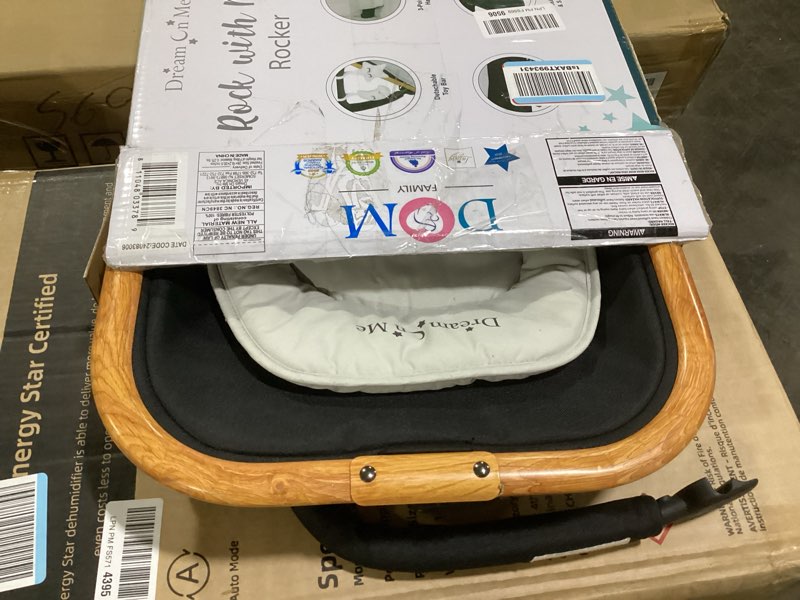 Condition photo showing As Is for Dream On Me Rock On Me 2-in-1 Baby Rocker and Stationary Seat, Adjustable Recline, Gentle Music & Vibration, 3-Point Safety Harness, Detachable Toy Bar, Folds Compact for Travel – Black & Grey