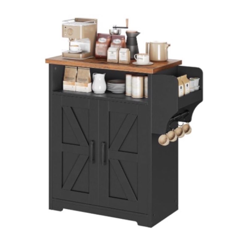 Coffee Bar Cabinet, Kitchen Island with Storage, Farmhouse Sideboard Buffet Cabinet with Dual-Purpose Floating Shelf and Hooks, for Kitchen, Restaurant, Living Room, White KF22WT