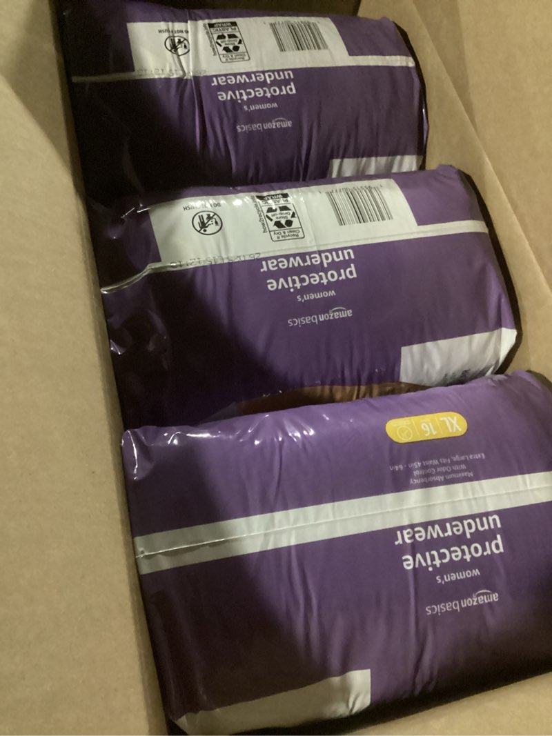 Condition photo showing New/Like New for amazon basics incontinence underwear for women, protective, disposable, postpartum, maximum absorbency, x-large, lavender, 48 count (3 packs of 16)