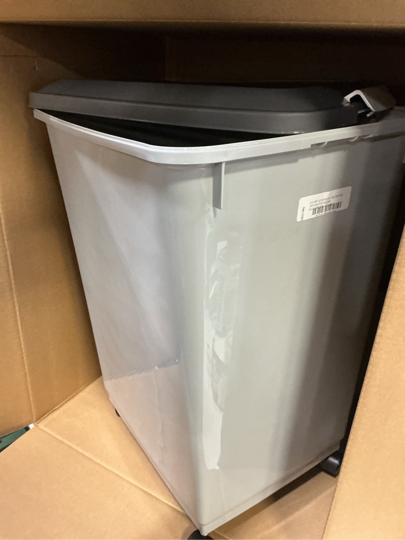 Condition photo showing Good Condition for IRIS USA Dog Food Storage Container with Wheels, Airtight Lid, 2-Cup Scoop, Up to 54 Pounds Pet Food Storage, Built in Scoop Storage in Lid, Versatile Pet Food Bin, Portable, BPA Free, Gray/Dark Gray 54 lbs Dark Gray