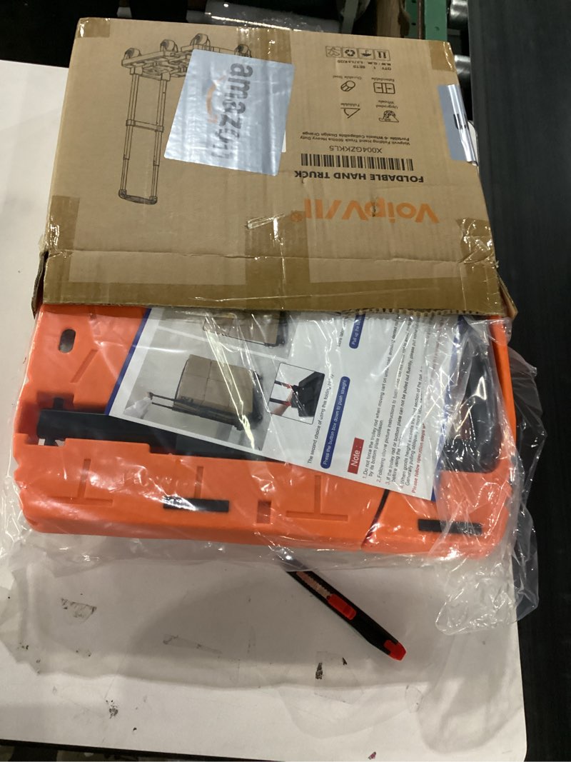 Condition photo showing New/Like New for Folding Hand Truck500lbs, Portable Heavy Duty Dolly Cart, 6 Wheels Collapsible Luggage Cart with 2 Elastic Ropes - Compact Trolley Cart for Easy Moving - Ideal Hand Cart for Travel and More Orange 17