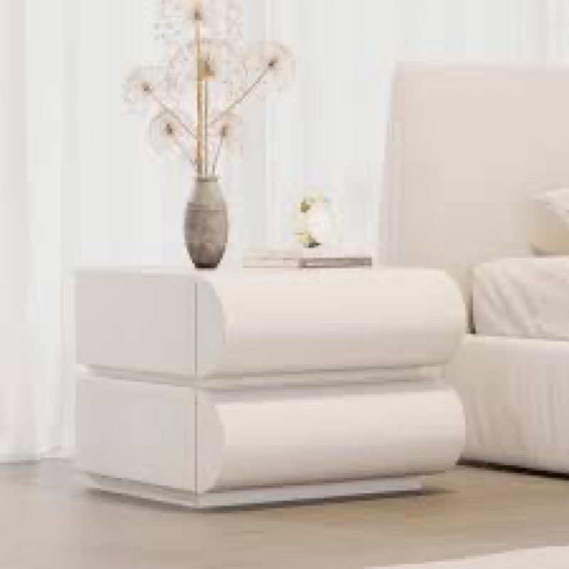 Italian Minimalist Nightstand – 2-Drawer Leather Pulls Bedside Table, Cream Solid Wood Storage Cabinet, Luxury Modern Bedroom Furniture