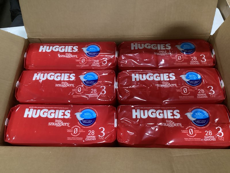 Condition photo showing Good Condition for Huggies Size 3 Diapers, Little Snugglers Baby Diapers, Size 3 (16-28 lbs), 168 Count (6 Packs of 28), Packaging May Vary
