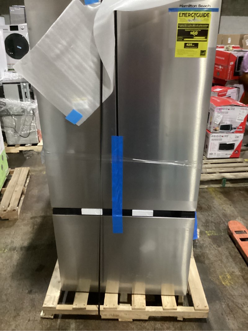 Condition photo showing As Is for Hamilton Beach HBF1770 French Door Full Size Refrigerator with Freezer Drawer, 17.7 cu ft, Stainless Steel
