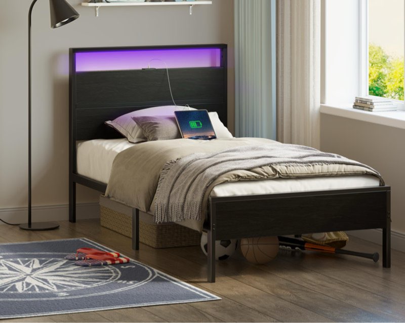 Deviana Metal Bed Frame with Headboard & Footboard and Charging Station, LED Light Included Size: Twin/Single