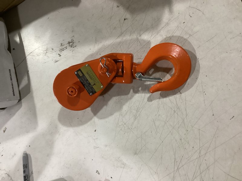 Condition photo showing Good Condition for snatch block with hook, 2 ton wll,suitable for 3/8" wire ropes, snatch block pulley for rollback wrecker, car hauler, tow truck accessories, winch accessories, light orange color