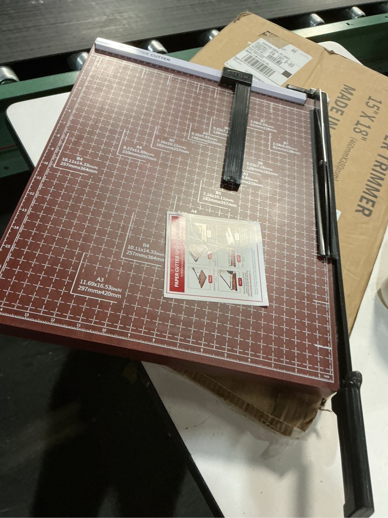Condition photo showing As Is for Paper Cutter Heavy Duty 18" Cut Length Professional Large Paper Cutter 12-Sheet Capacity Guillotine Paper Cutter for Cardstock, Safety, Efficience, Wide Use for Office, School, Home (A2-A7) 18-inch Red