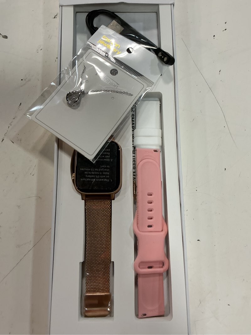 Condition photo showing As Is for iaret smart watch for women, 1.83" hd fitness tracker with 4 bands, answer/make calls, heart rate/sleep/spo2/step tracking, 100+ sport modes, android/iphone compatible gift (rose gold)