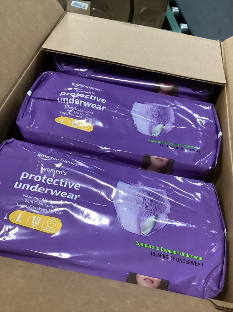 Condition photo showing New/Like New for (3 pack)Amazon Basics Postpartum Incontinence Underwear for Women, Maximum Absorbency with Bladder Leak Protection, Fresh Protection, Disposable, Large, Lavender, 18 Count