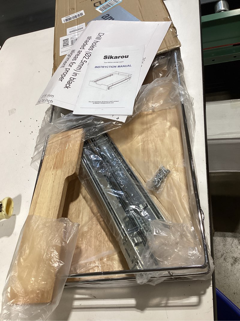 Condition photo showing Good Condition for pull out cabinet organizer,heavy-duty slide out shelf, wood and wire basket, pull out drawer for for kitchen under sink space, pantry, bathroom (14 * 21 wm) 1-tie 14*21 wm