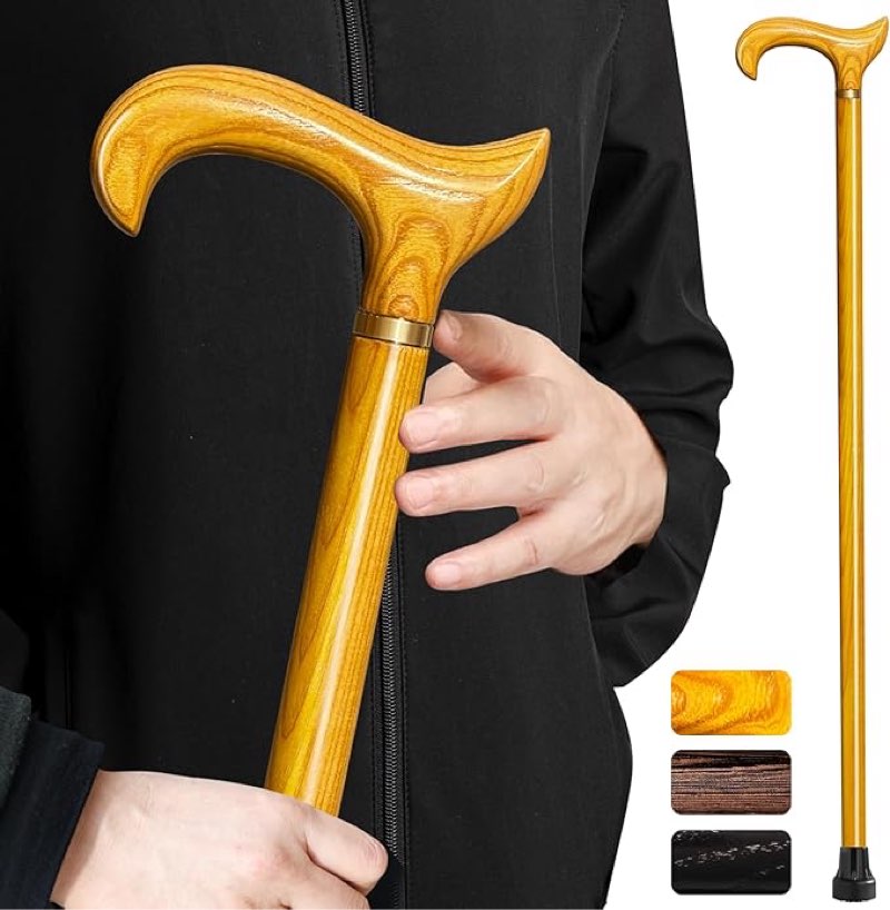 ispuoocti Wooden Walking Cane for Men and Women -Natural Solid Wood, 3 Rubber Tips, Heavy Duty, with Travel Bag- Wooden Walking Stick, Ergonomic Canes for Seniors Unisex Walking Canes