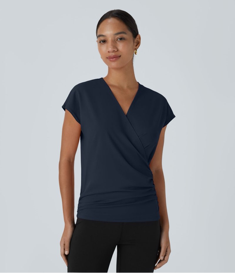 V Neck Cap Sleeve Crossover Ruched Solid Work Blouse (L)