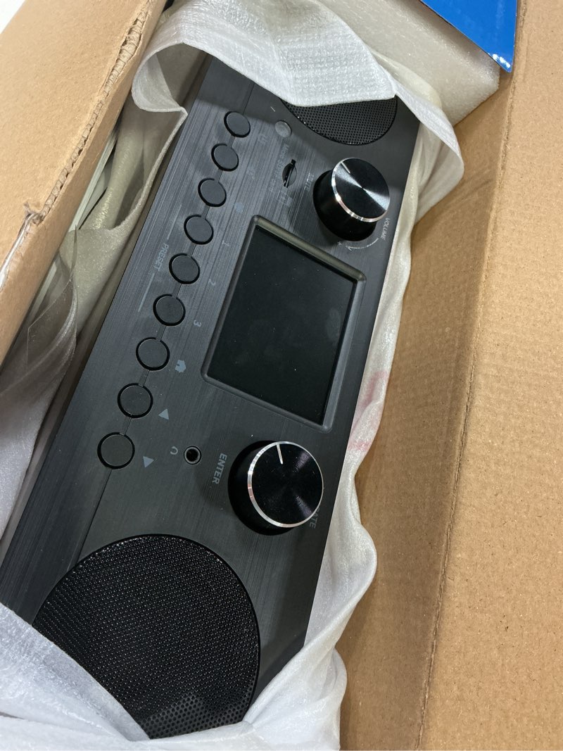 Condition photo showing New/Like New for ocean digital wr-800 fm wi-fi internet radio stereo speakers micro sd line out aux in 30,000+ stations stress relief relaxation sleep aid 2.8" color display wooden casing black