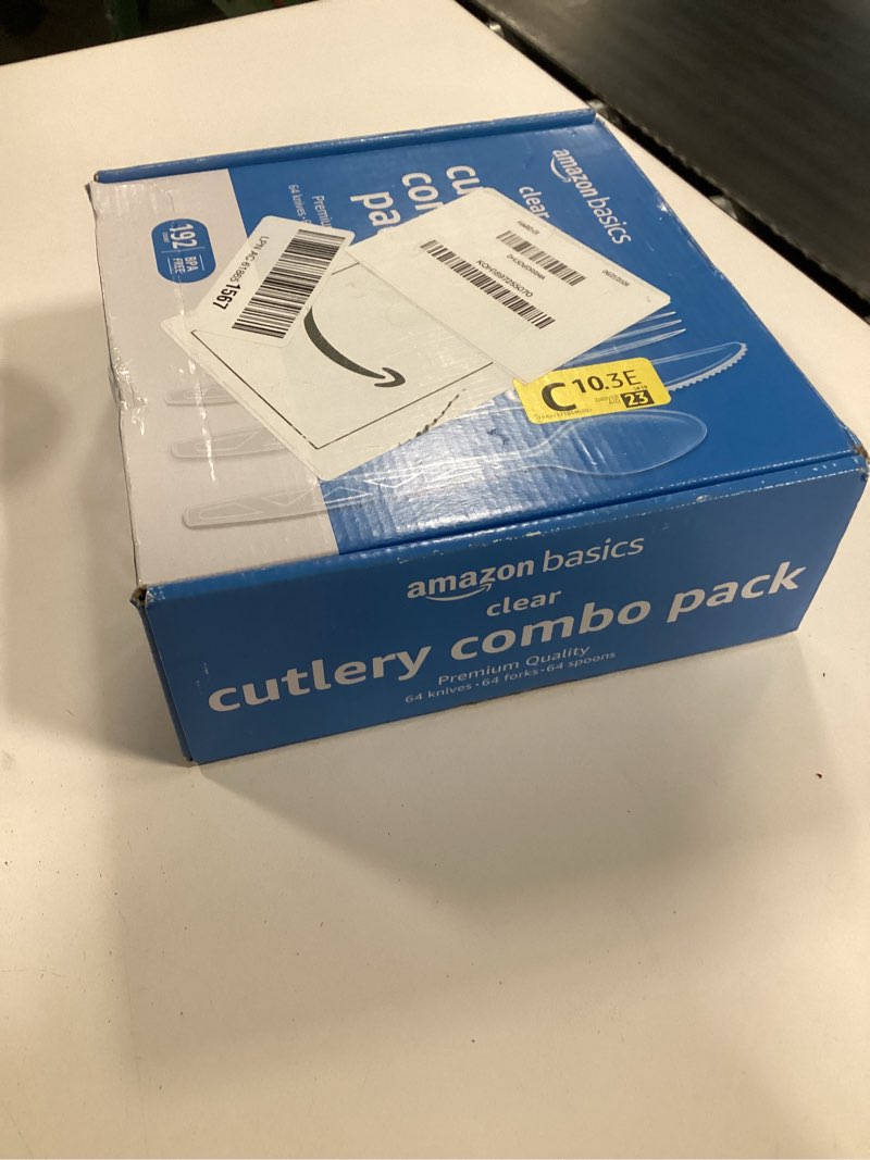 Condition photo showing New/Like New for amazon basics disposable clear plastic cutlery set, premium quality, strong, 192 count, large combo pack forks, spoons and knives large pack