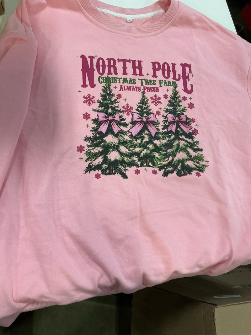 Condition photo showing New/Like New for Christmas Sweatshirt for Women Casual Christmas Tree Pullover Shirt Long Sleeve Xmas Vacation Party Clothes Top Large Pink
