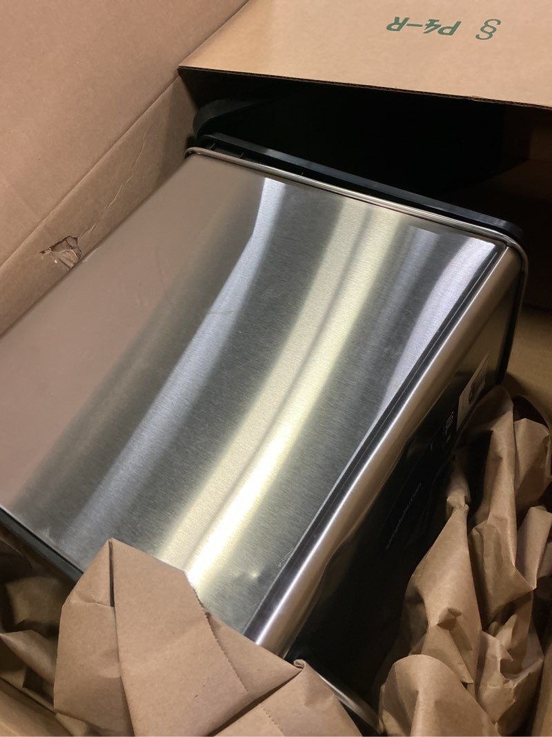 Condition photo showing As Is for simplehuman 10 Liter / 2.6 Gallon Bathroom Slim Profile Trash Can, Brushed Stainless Steel with Plastic Lid