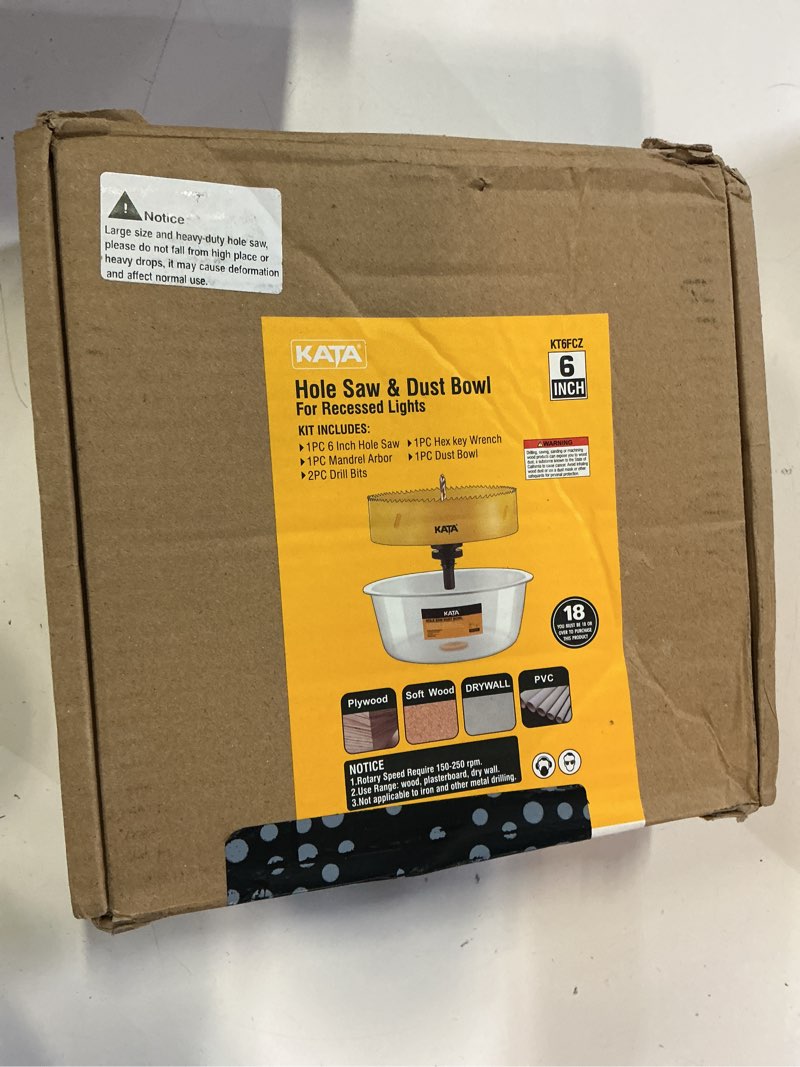 Condition photo showing As Is for kata hole saw for recessed lights: 6 inch hole saw for recessed lighting with dust bowl - 6 in hole drill cutter with silicone dust catcher tool for drywall on ceiling - installing led can light home