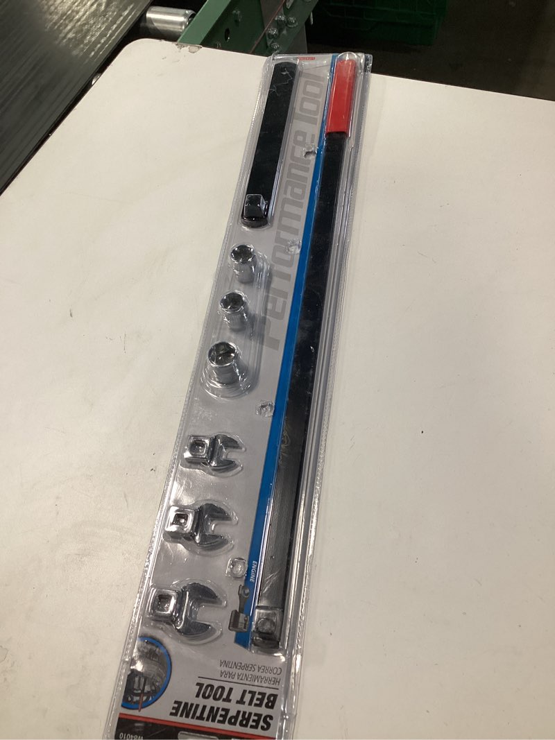 Condition photo showing New/Like New for Performance Tool W84010 8 pc Long Handle Serpentine Belt Tool Kit for Spring-Loaded Idler Pulleys - Includes Crowfoot Wrenches and Sockets