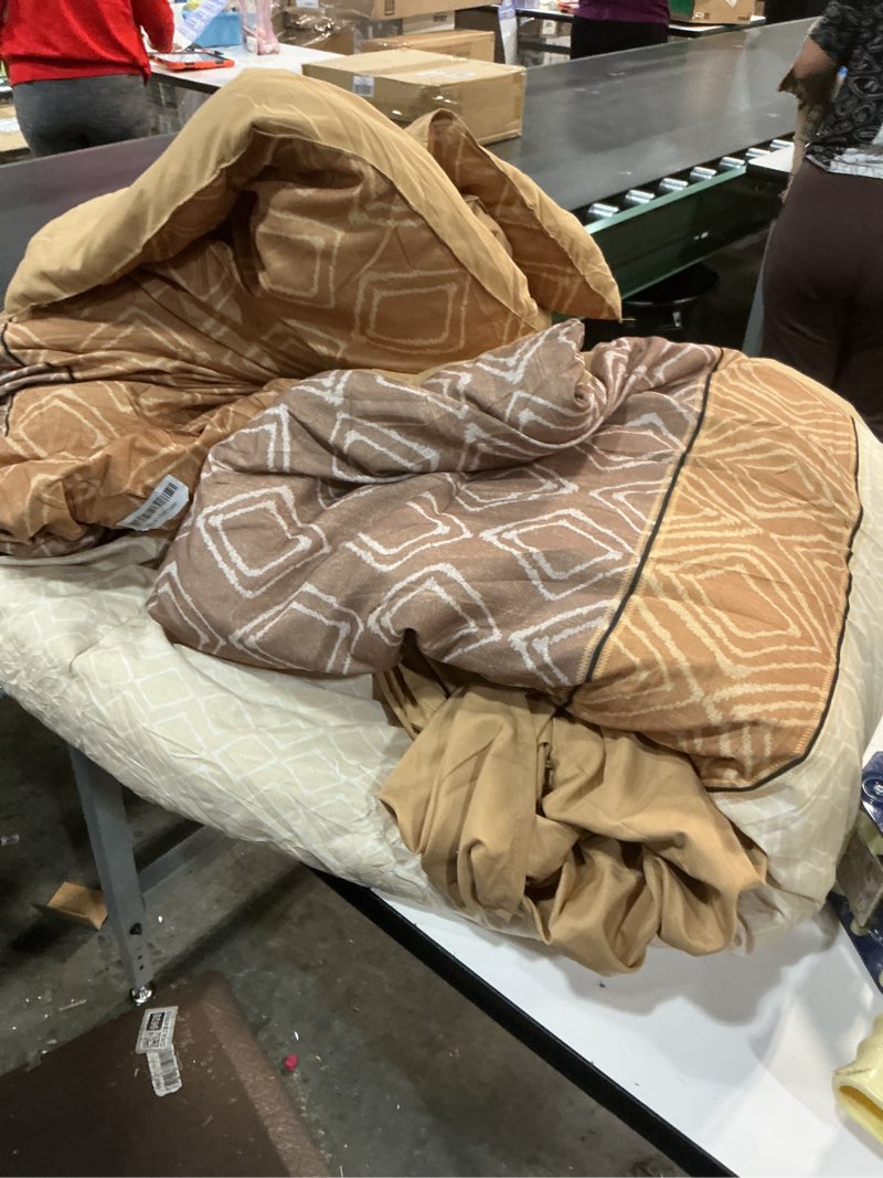 Condition photo showing As Is for Dinjoy Boho Queen Comforter Set Brown,7 Piece Bed in a Bag Queen Size Warm Fall Bedding Sets Striped Comforters Bed Set with Sheets for Family All Season Brown Queen