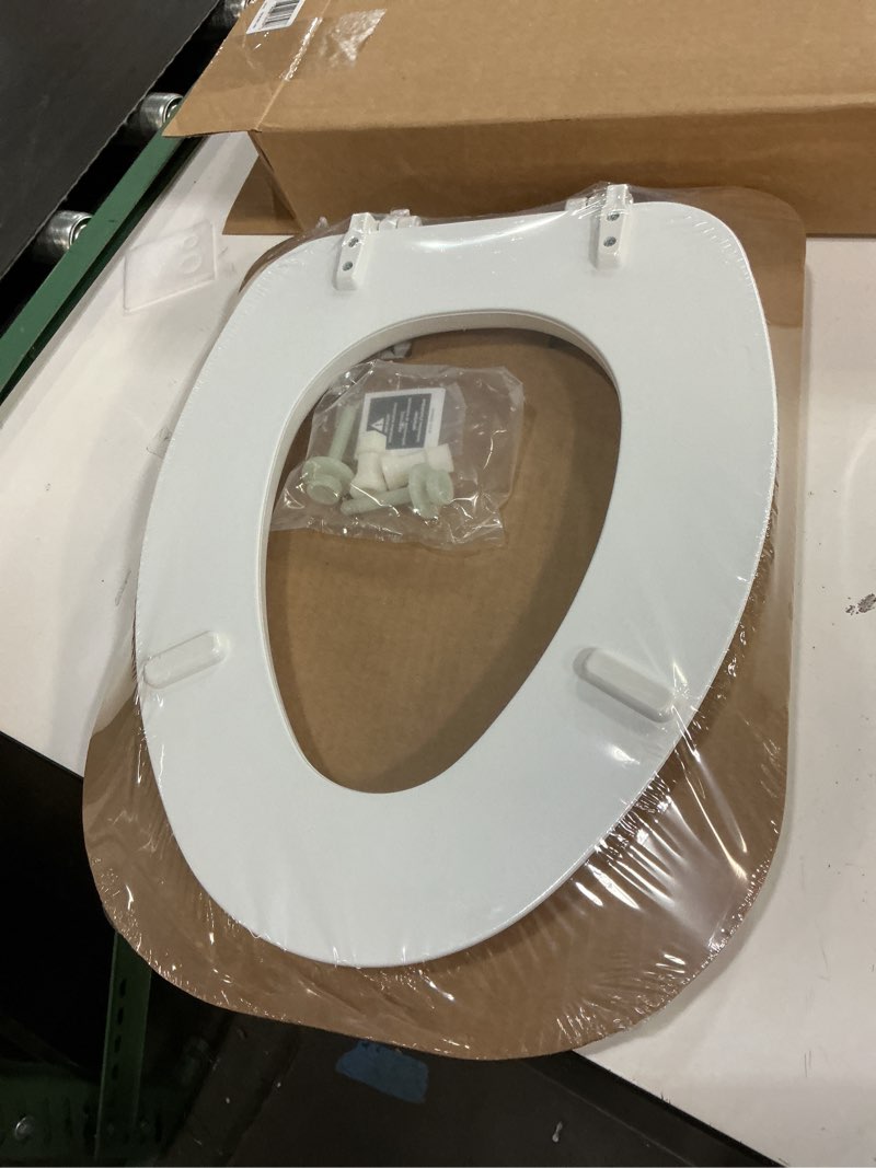 Condition photo showing New/Like New for mayfair padded toilet seat, cushioned soft vinyl over wood core seat, secure hinges, easy clean, elongated, white elongated white toilet seat