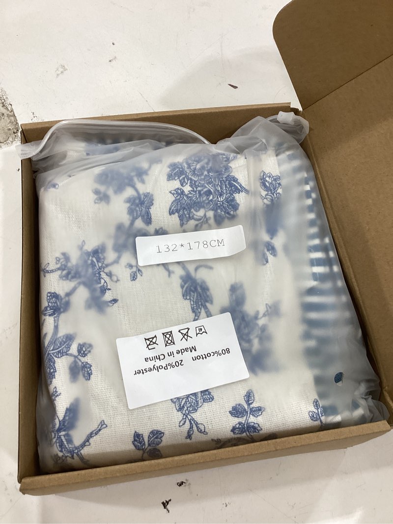 Condition photo showing Good Condition for breling pastoral rectangle tablecloth blue floral ruffle table cloth 52 x 70 inch cotton vintage was