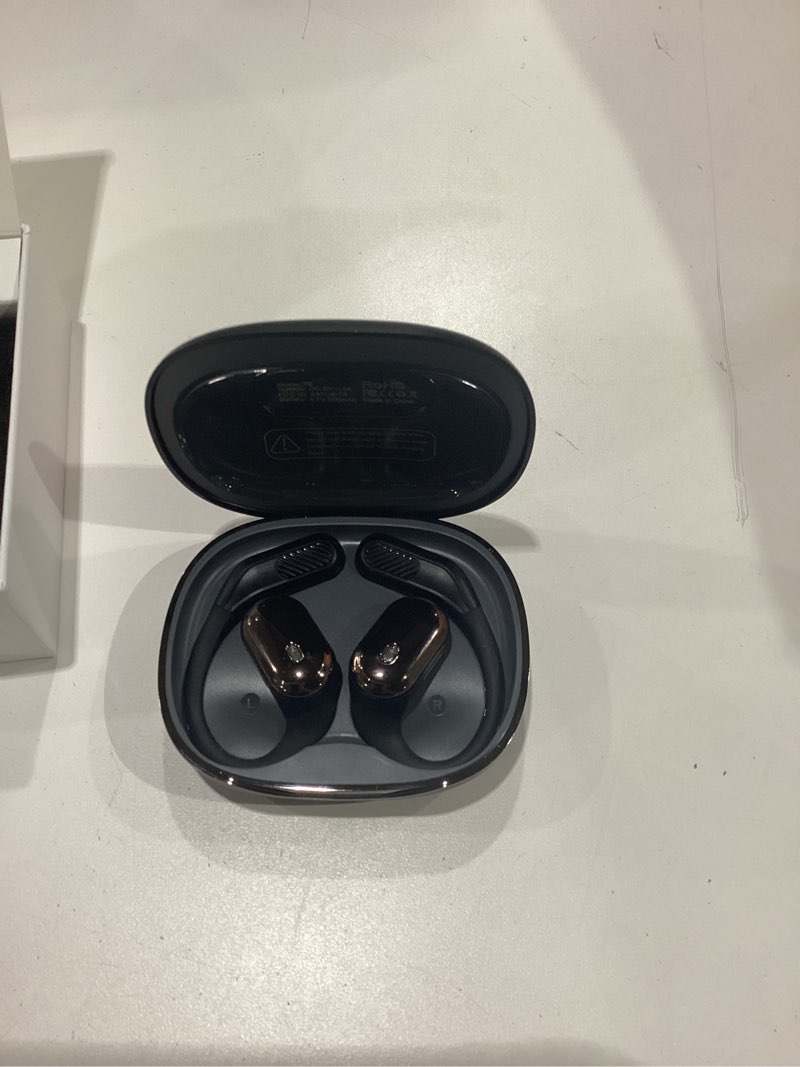 Condition photo showing New/Like New for open-ear headphones, over ear earbuds with ear hooks, true wireless bluetooth earphones with microphone, touch control, clear calls, 60h playtime, ipx7 waterproof for running and workouts black