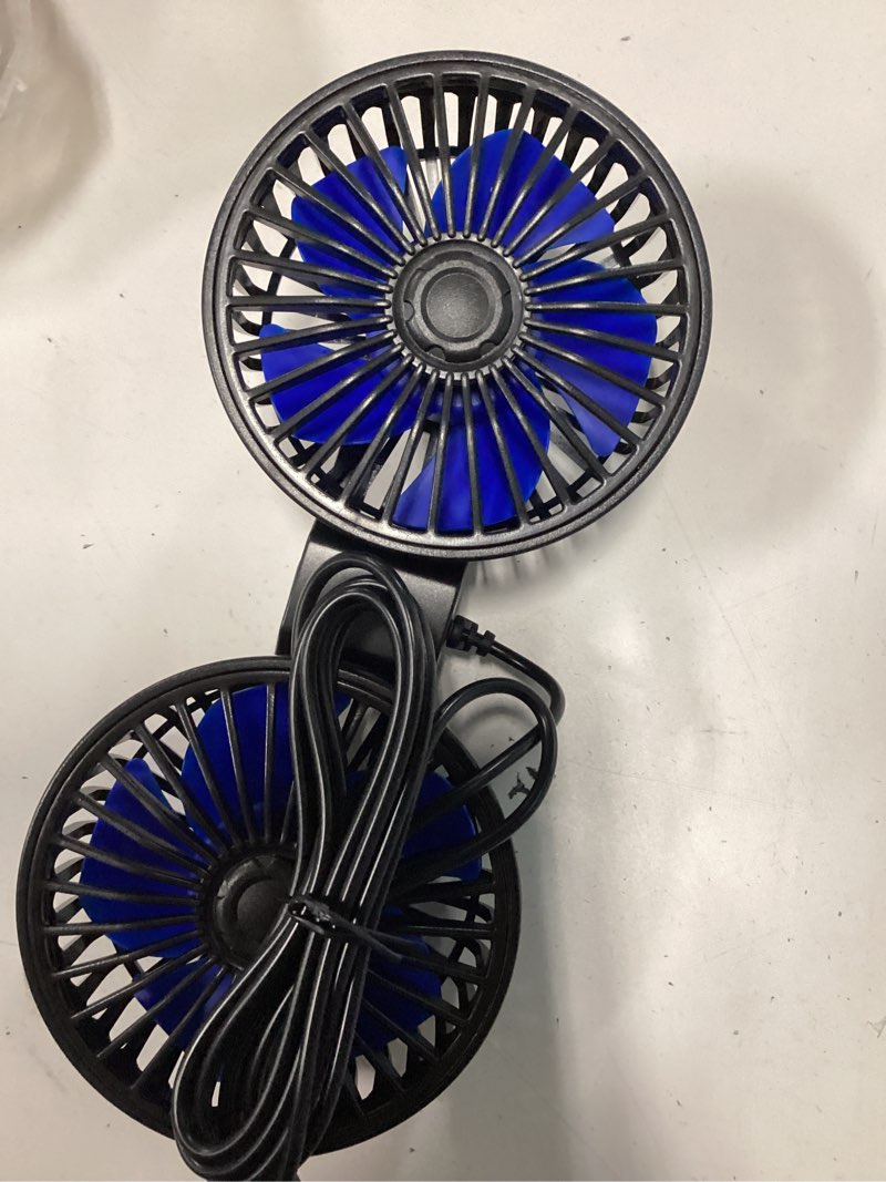 Condition photo showing Good Condition for car fan for backseat, dual head usb vehicle seat fans, 3 speeds strong wind 360° rotatable auto rear headrest fan for car, air circulation automotive fans with adjustable clip for all models