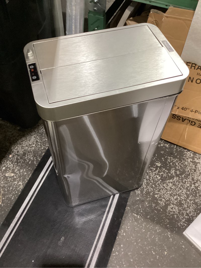 Condition photo showing As Is for itouchless 18 gallon wings open kitchen trash can with lid and odor filter, dog proof lid lock 68 liter slim stainless steel garbage bin home office bedroom living room large capacity wastebasket brushed silver 18 gal sensor