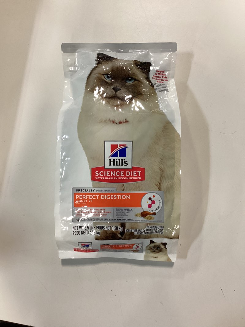 Condition photo showing New/Like New for (BEST BY 08/2026) Hill's Science Diet Perfect Digestion, Senior Adult 7+, Digestive Support, Dry Cat Food, Chicken, Barley, & Whole Oats, 3.5 lb Bag
