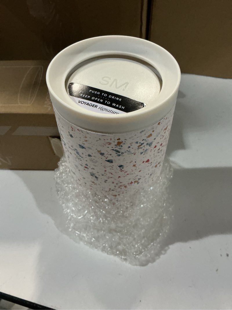 Condition photo showing New/Like New for simple modern travel coffee mug tumbler with 360° lid | ceramic-lined insulated stainless steel cold brew iced coffee cup | gifts for women her him | voyager signature | 16oz | cream terrazzo 16 ounces pattern: cream terrazzo