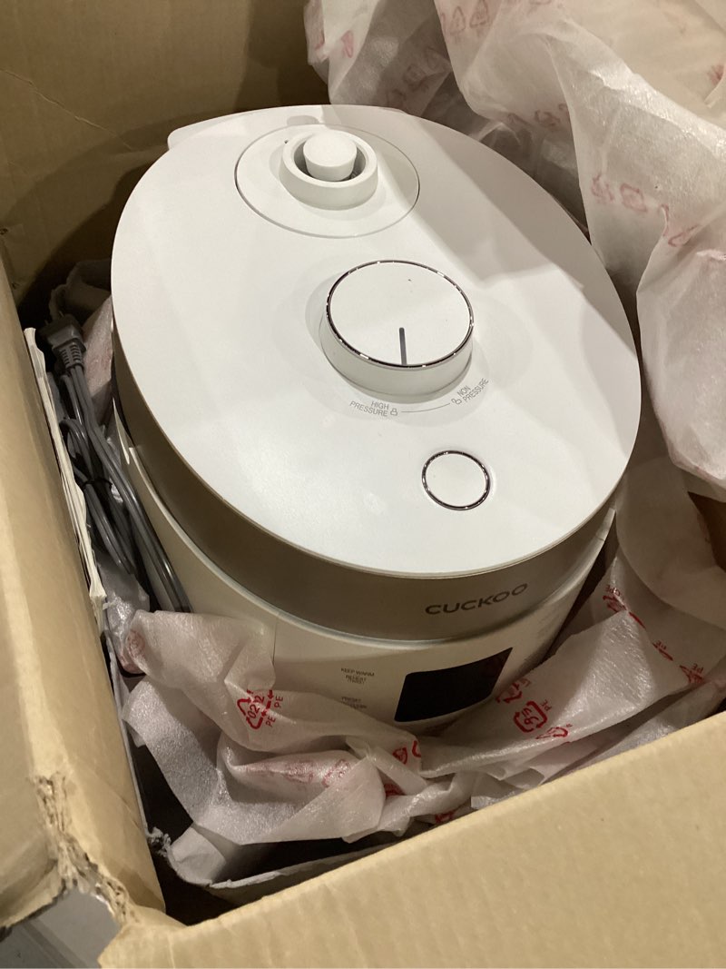 Condition photo showing As Is for cuckoo twin pressure rice cooker 10-cup uncooked / 20-cup cooked with nonstick inner pot, large rice maker & warmer with 16 menu options, open cooking mode, voice guide, white (crp-st1009fw) 10 cup white