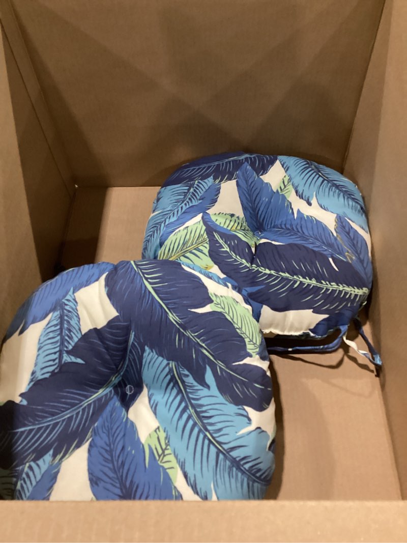 Condition photo showing As Is for Outdoor Bistro Chair Cushion with Ties, Tufted Patio Chair Cushions Set of 2, Round Seat Cushion 15”x15”x4” for Home Garden Balcony Office Porch Lawn Deck,Black Yellow Crosby, SIMILAR TO STOCK PHOTO 