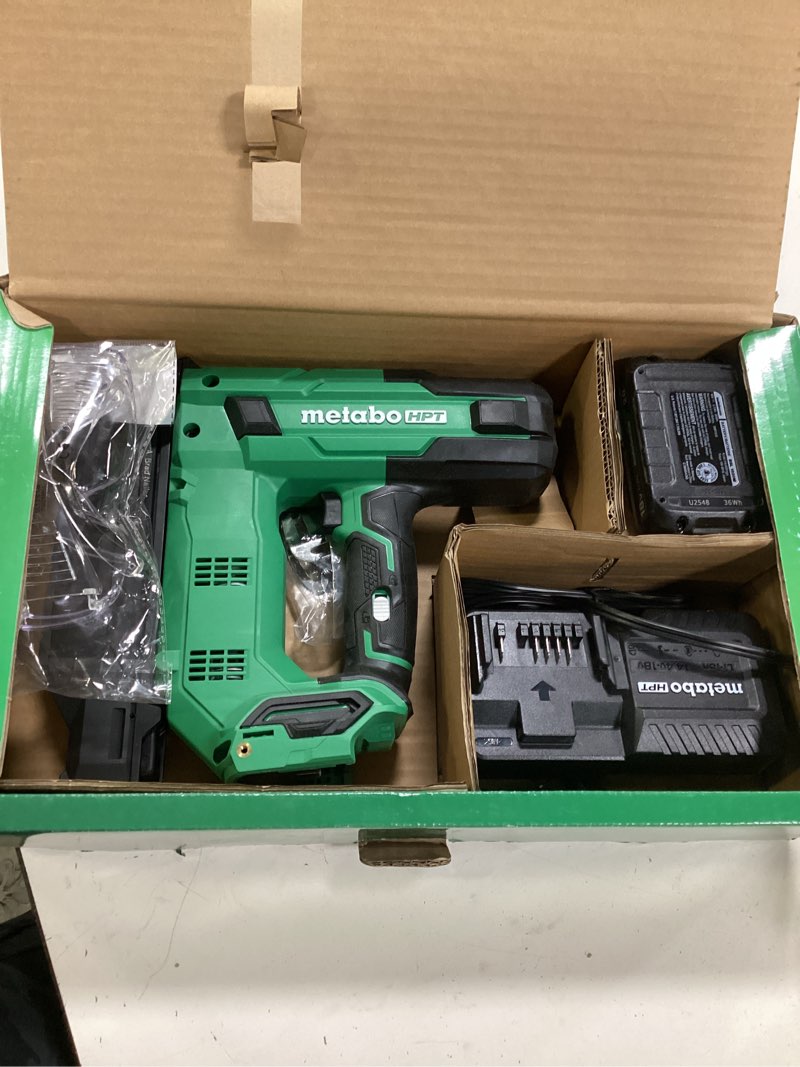 Condition photo showing As Is for metabo hpt multivolt 18 ga. cordless compact brad nailer kit (battery & charger) 18 v