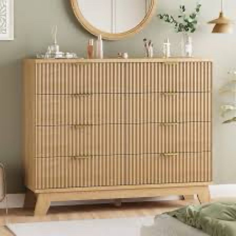 LINSY Fluted Dresser for Bedroom with 8 Drawers, Mid Century Modern Chest of Drawers with Gold Metal