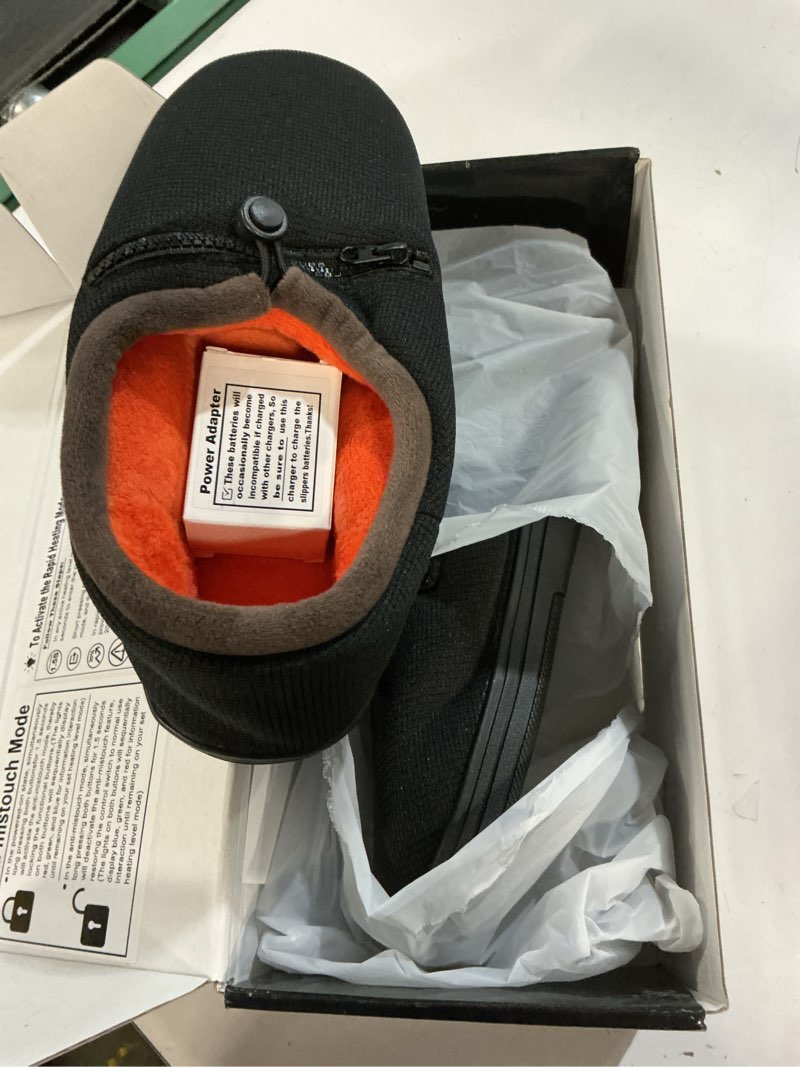 Condition photo showing New/Like New for heated slippers, kamlif 7.4v electric heated shoes foot warmers with 22.2 wh rechageable batteries, winter house memory foam slppers for men women cold black s(men 3-5 | women 5-6.5)