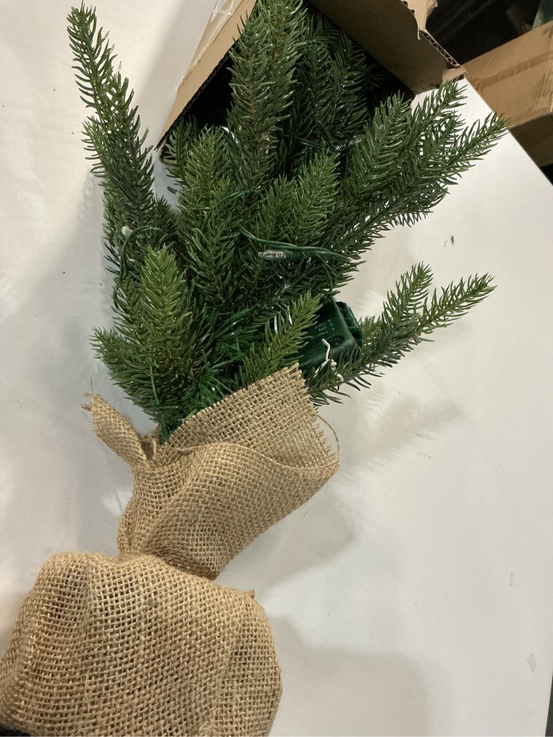 Condition photo showing Good Condition for 2 ft Mini Christmas Trees with 25 F5 LED Lights, 24" Decorated Burlap Artificial Tabletop Christmas Trees Home Party Decoration for Kitchen Dining Room Window Green White